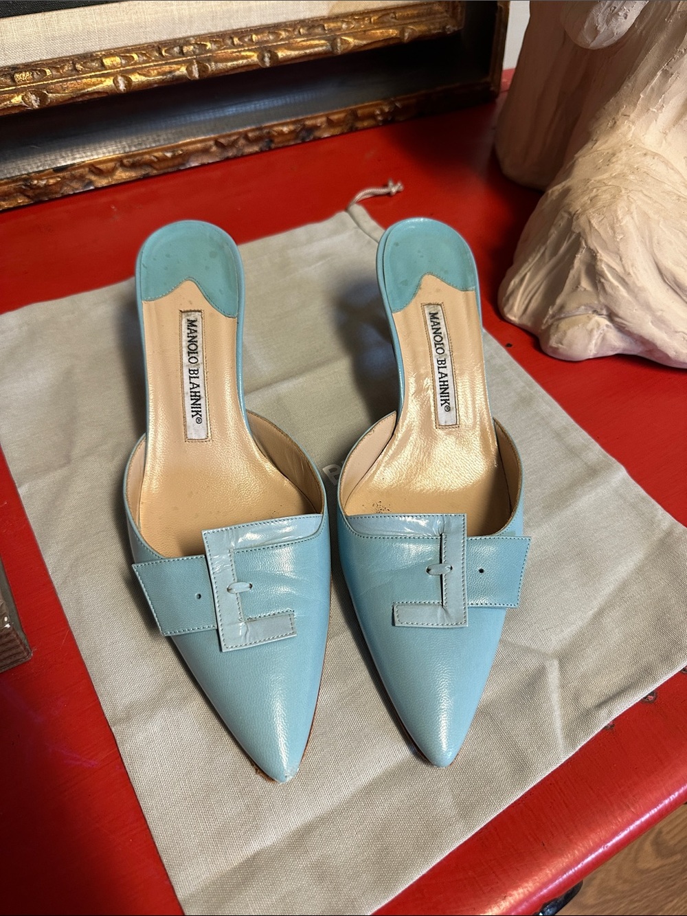 Manolo Blahnik Robin Egg Blue Pointed Leather Mule Slides with Buckle